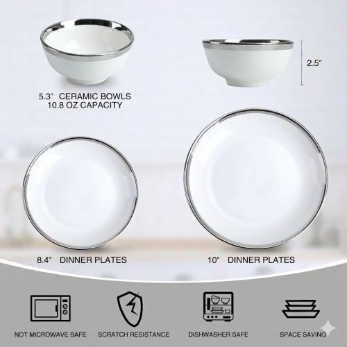 12-Piece Porcelain Dinnerware Set with Silver Rim- Durable Porcelain Plates & Bowls, Complete Service for 4