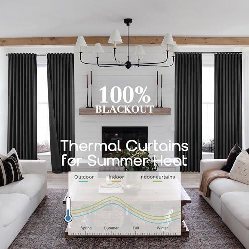 SHINELAND Back Tab Black Out Curtains Drapes 108 Inches Long 2 Panels,Pleated Blackout Tall Curtains for Large Window