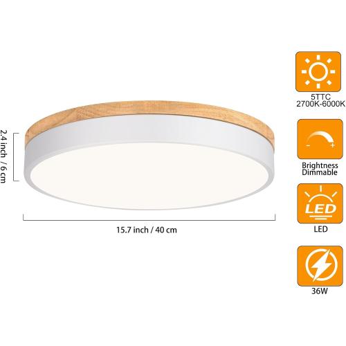 Dimmable Wood LED Flush Mount Ceiling Light, 5CCT 2700K-6000K Modern Round Close to Ceiling Lighting Fixtures, Minimalist White Ceiling Lamp for Living Room, Bedroom, Laundry Room