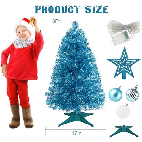 SUNSHINE DECOR Blue Christmas Tree with Light 3ft Artifical Full Christmas Tree with Ball & Star Ornaments 8 Lighting Modes for Holiday Decor