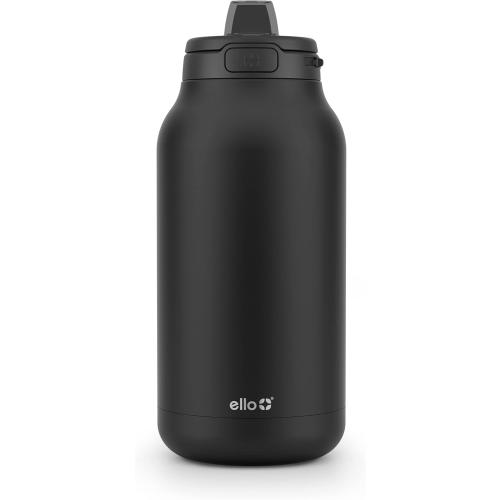 Ello Hydra 64oz Stainless Steel Water Jug with Locking Leak Proof Lid | Reusable Half Gallon Vacuum Insulated Metal Bottle with Silicone Straw, Keeps Drinks Cold All Day, Gift Ready, Black