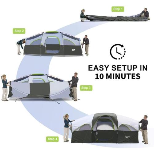 CAMPROS CP Tent 8 Person Camping Tents, Weather Resistant Family Tent, 5 Large Mesh Windows, Double Layer, Divided Curtain for Separated Room, Portable with Carry Bag
