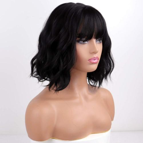 MISSQUEEN Short Wavy Black Wig with Bangs,Black Bob Hair Wigs for Women