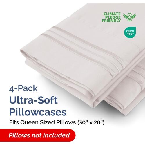 Queen Pillow Cases Set of 4 - Ultra Soft Hotel Quality Pillowcase Covers - Comfy Cozy Bedding for Women, Men, Kids & Teens - Machine Washable Pillow Protectors - 4 Pieces Set - Queen Size Light Grey