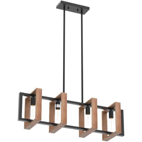 Dining Room Light Fixture Farmhouse Pendant Lights Kitchen Island Rustic Kitchen Light Fixtures 4 Lights Wood and Black Metal Rectangular Chandelier Ceiling Hanging Lighting 35.4