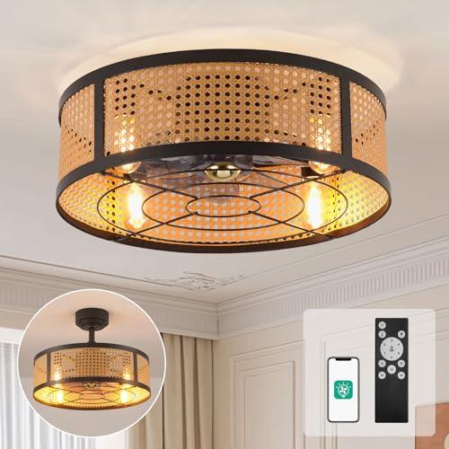 Orison 20 Boho Ceiling Fans with Lights, Caged Ceiling Fan and Remote Control, Rattan Fandelier Ceiling Fan, 6-Speed Reversible Motor, 4 Bulbs, Timer for Bedroom, Living Room, Kitchen