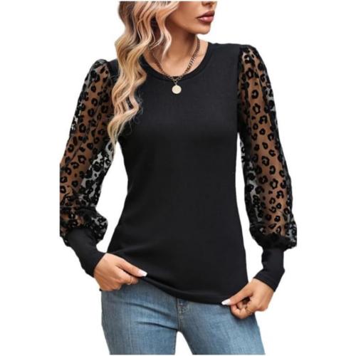 Womens XL Blouse Shirt Long Sleeve Crewneck Basic Casual Shirt Swiss Dot Mesh Sleeve Classic Slim Fit Shirt Tops