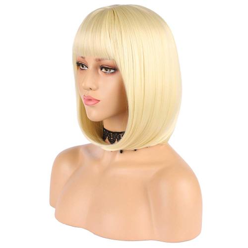 eNilecor Short Light Blonde Bob Wigs 12 Straight with Bangs Synthetic Colorful Cosplay Daily Party Wig for Women Natural As Real Hair  Free Wig Cap (Light Blonde)