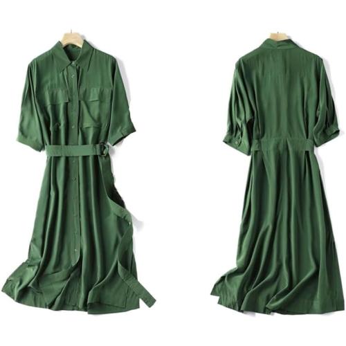 Size M ....100% Silk Dress Women's Solid Color Lapel Short Sleeve Single Breasted Fashion Dress