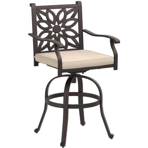 Outdoor Swivel Bar Stools Set of 2, Cast Aluminum Patio Bar Height Chairs with Seat Cushion, All-Weather Bar Dining Chairs Metal Bistro Chairs