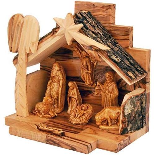 Olive Wood Nativity Set with Figurines – Natural Bark Roof Stable – Handmade Christian Christmas Decoration – Holy Land Gift – Made in Bethlehem – Religious Manger Scene Display