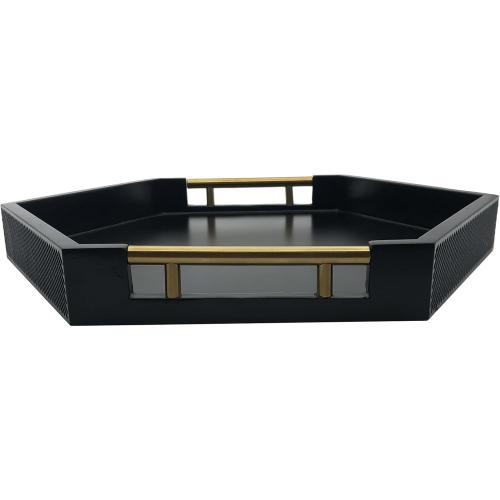 Serving Tray with Polished Metal Handles, Hexagon Coffee Table Tray, Modern Rectangle Decorative Tray, Large Ottoman Tray, Perfect for Storage and Display (Black Hexagon)