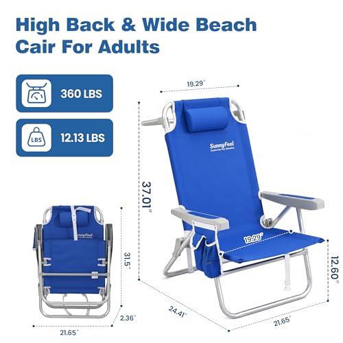 SUNNYFEEL 12.6 High Seat Beach Chair for Adults, High Back 5-Position Lay Flat Reclining Beach Chair with Detachable Cooler Bag, Folding Beach Chair with Cup Holder, Heavy Duty 360 LBS
