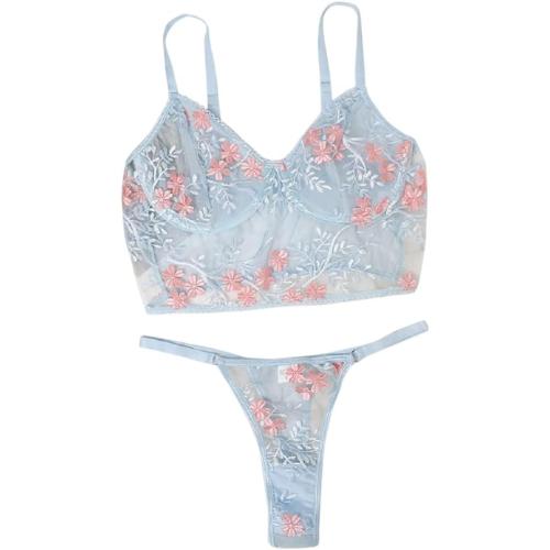 The Crafty Owl Mesh Transparent Blue Lace Stitching Floral Bra and Gstring Set. Perfect for Weddings/Valentines