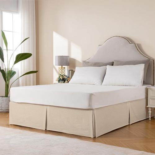 MIYE Pleated Waffle Weave Bed Skirt, Tailored Dust Ruffle 14 Inch Drop Easy Fit, Machine Washable,No Split Corners (Beige, Queen - 14 Drop)