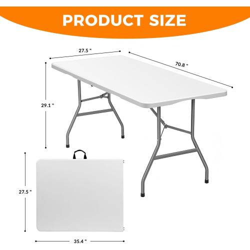 Lakhow 6 FT Folding Table,Outdoor Indoor Plastic Table Portable Square Height Dining Table Perfect for Picnics, Parties, Party and Camping, White