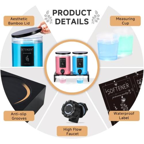 Glass Laundry Detergent Dispenser with Shelf & Black Bamboo Lid - 120 Oz Liquid Detergent, Laundry Soap & Fabric Softener Dispenser for Laundry Room Organization and Storage with 2 Cups & 8 Labels