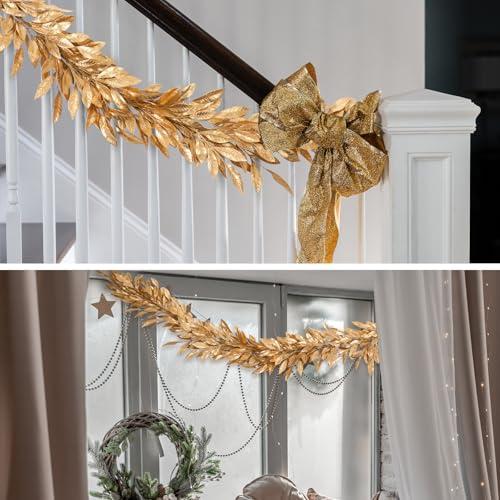 Jutom 6 Ft Gold Christmas Bay Leaf Garland Decoration Gold Bayleaf Garland for Christmas Fireplace Front Door Stairs Decoration Xmas Holiday Winter Engagement Birthday Wedding Supplies