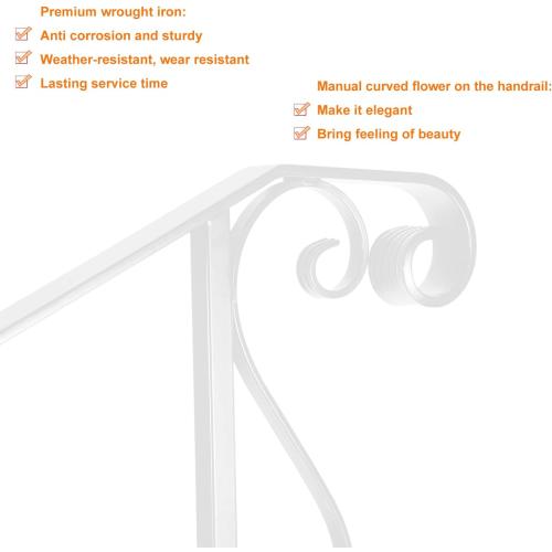 Bonbo Single Post Handrail, Wrought Iron Stair Handrail Fits 1 or 2 Steps, White