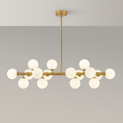Glass Globe Sputnik Chandelier, 16-Light Mid Century Modern Light Fixture Over Table, Linear Chandeliers for Dining Room, Kitchen Island, Brass Gold and Milk White Bubble, 40 Inch, GC-02