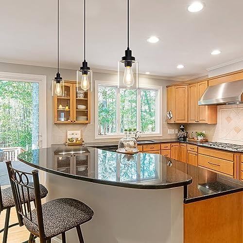 Industrial Pendant Lighting, Modern Clear Glass Shade Farmhouse Adjustable Hanging Light Fixtures for Kitchen Island Living Room Bedroom Hallway,