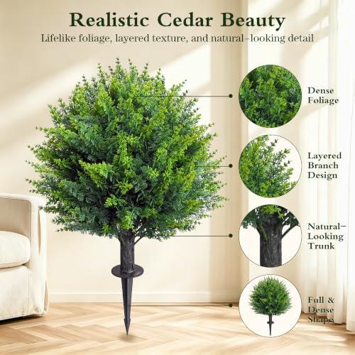 25” Artificial Cedar Topiary Ball Tree, Set of 2 with Ground Spikes, UV Resistant Faux Cypress Plants, Evergreen Shrubs for Outdoor Front Porch Garden Backyard Office Decor