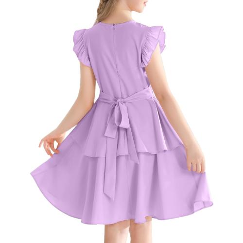 Size 150 6-14 Years Girls' Dresses Ruffle Sleeve Solid Semi Formal Tiered Swing Midi Casual Summer Dress