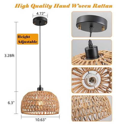 Tan 2 Pack Battery Operated Pendant Light with Remote,Battery Hanging Light Rattan Woven Chandelier No Wiring Needed,Rechargeable Light Bulb 50 Hours Continue Use,Perfect for Kitchen Islands Ceiling Lighting