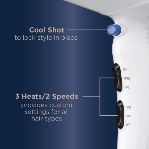Conair Double Ceramic 1875W Hair Dryer, 3 Heat/ 2 Speed Blow Dryer, Powerful and Fast Drying, Includes Concentrator, Cool Shot Button, Removable Filter, White, Travel hair dryer