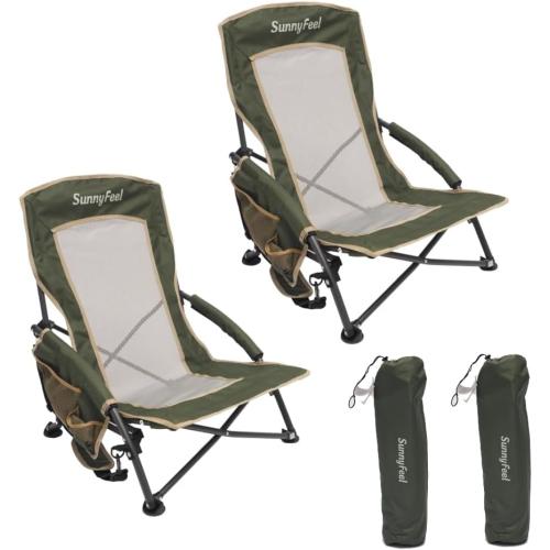 SunnyFeel Low Folding Beach Camping Chair 2 Pack, Portable Backpacking Chairs with Mesh Back,Cup Holder, Compact & Heavy Duty for Adults 300 LBS for Outdoor Picnic Fishing Concert Sand Lawn (2pcGreen)