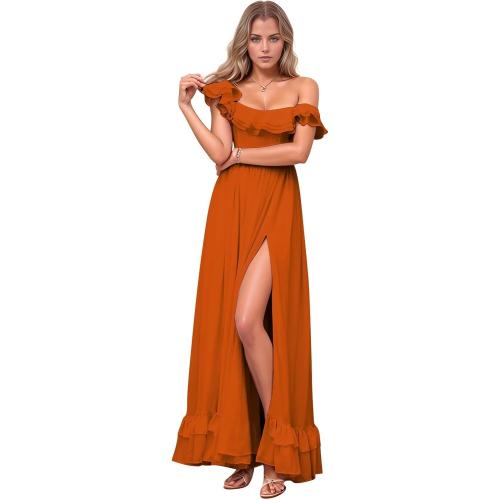 Size L...Floral Chiffon Long Bridesmaid Dresses for Women A Line Off Shoulder Formal Evening Gowns with Slit Ruffle Prom Dress
