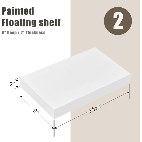 WELLAND 9 Deep White Floating Shelf Set of 2, Wall Shelves for Bathroom, Living Room, Bedroom, Modern Home Decor, 16 W x 9 D x 2 H