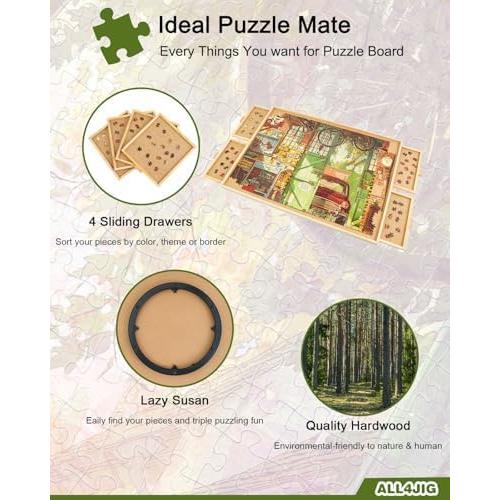 ALL4JIG 2000 Piece Rotating Puzzle Board with 4 Drawers and Cover, 28.5x40.1Portable Wooden Jigsaw Puzzle Table for Adults Portable, Lazy Susan Spinning Boards Birthday Gift for mom