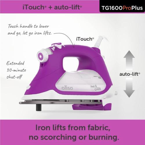 Oliso TG1600 Pro Plus 1800 Watt SmartIron with Auto Lift - for Clothes, Sewing, Quilting and Crafting Ironing | Diamond Ceramic-Flow Soleplate Steam Iron, Purple