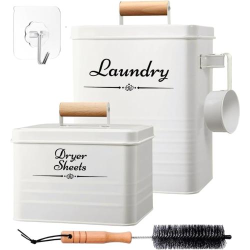 Farmhouse Metal Laundry Pods Container with Dryer Sheet Holder for Organization and Storage, Laundry Room Decor - Holds 156 Pods and 300 Sheets (White)