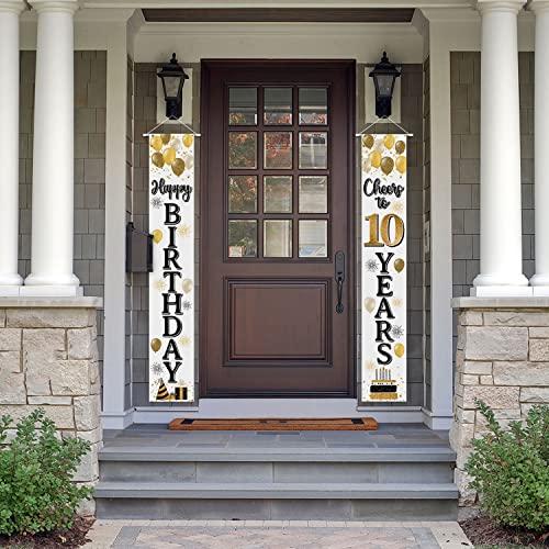 Happy 10th Birthday Decorations,10th Gold Balloon Birthday Theme Door Hanging Banner Sign,Cheers to Ten Years Old Bday Party Supplies.