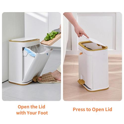 Size 3 gallon Color White and Gold Bathroom Trash Can with Lid, Plastic 3 Gallon Garbage can with Press top Lid Gold Step Pedal Trash can, Narrow White Trash bin for Bathroom, Bedroom, Restroom, Living Room, Office, Dog Proof Trash Can