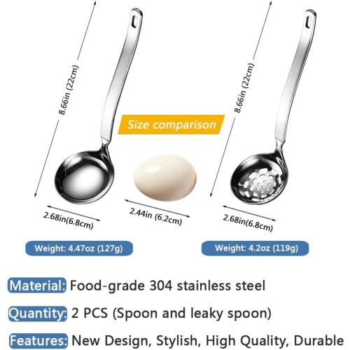Small Soup Ladle Metal SUS304 Stainless Steel Ladles Spoon And Slotted Colander Spoon Set Soup Ladle With Holes Strainer Scoop Ladles For Serving Gravy Hot Pot Or Restaurant,2 Piece Set