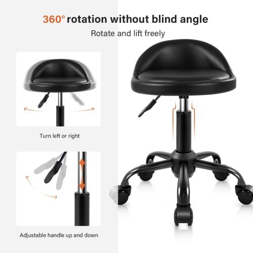 KKTONER Rolling Stool with BackRest Height Adjustable Round Chair with Wheels Swivel Drafting Work PU Leather stools Small (Black)