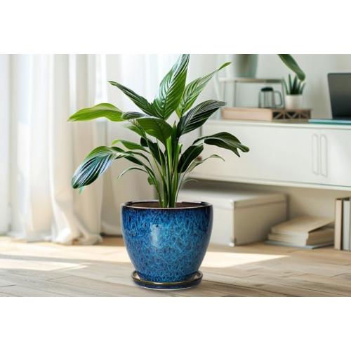 10 Inch Ceramic Planter Pot Round Plant Pot for Indoor Plants Outdoor Large Flower Pot with Drainage Hole and Saucer Blue