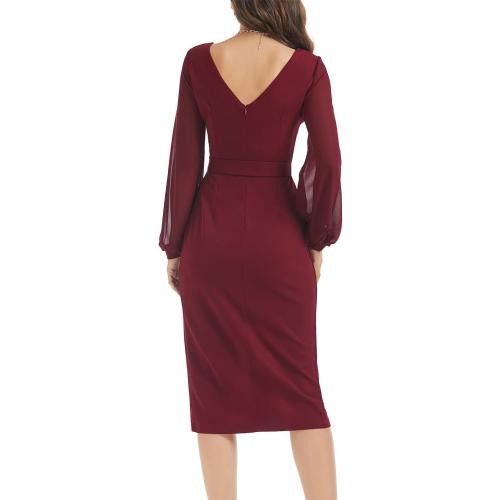 Size M HELYO Women's Elegant V-Back Chiffon Long Sleeve Sheath Dresses Belted Ruched Casual Work Cocktail Party Midi Dress