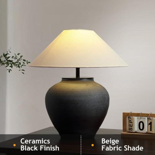 Black and Cream Farmhouse Table Lamps Black 18.8 Tall Ceramic Table Lamp Rustic Southwestern Clay Pot Ceramic Lampshade with Fabric Shade Bedside Nightstand for Living Room Bedroom House Office Entryway (Black)
