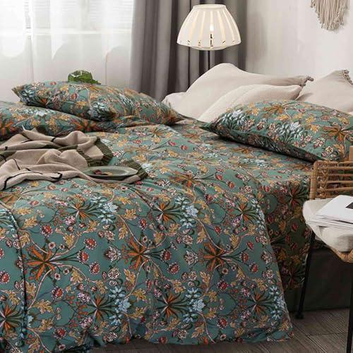 Bohemian Duvet Cover Queen Size - Boho Paisley Green Floral Pattern Printed Microfiber Comforter Cover Soft and Lightweight Quilt Cover, Retro Farmhouse Style for Women Men
