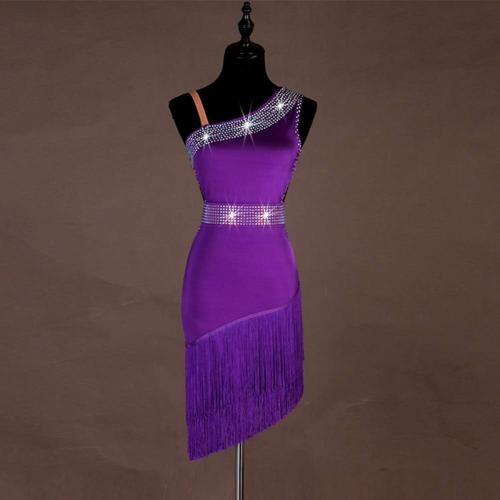 SizeM/L Latin Dance Dresses Women's Performance Spandex Tassel Crystals Rhinestones Sleeveless Dress