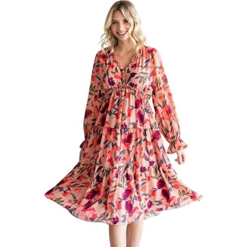 Womens Casual Boho Deep V Neck Short Sleeve Long Dress Women One Piece Midi-Maxi Floral Dresses