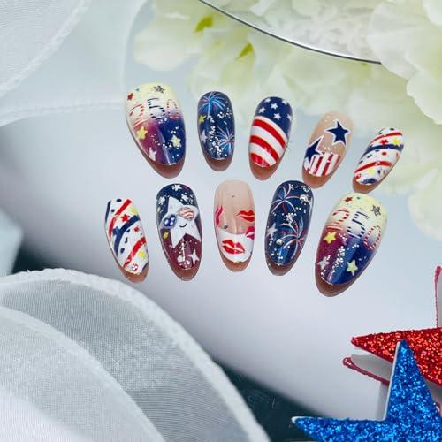 30Pcs 4th of July Press on Nails Almond Patriotic Fake Nails with American Flag Star & Fireworks Designs Red White Blue False Nails Medium Acrylic Stick on Nails for Women Independence Day Decoration