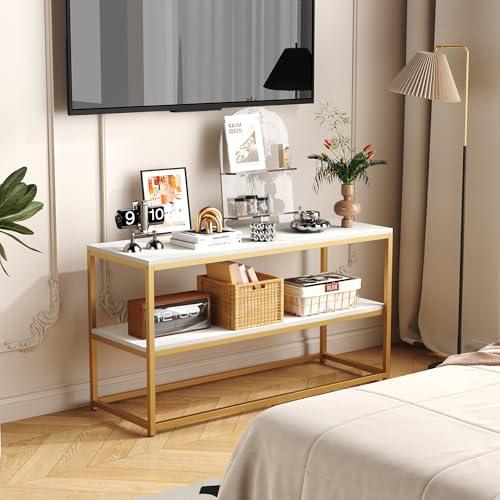 Function Home TV Stand for TVs up to 50 Inch, 3 Tier Entertainment Center, Modern TV Cabinet with Marble Top and Gold Metal Base, 42 Media Console Table with Storage for Living Room Bedroom