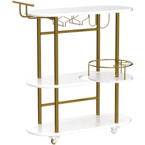 PAUKIN Gold Bar Carts with 4-Tier Storage Shelves, Mobile Bar Serving Cart with Wine Rack and Glass Holder, for The Home, Kitchen, Living Room, Dining Room