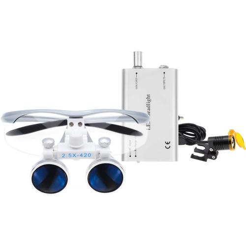 EustomA 2.5X Binocular Loupes Optical Glasses  3W LED Headlight Lamp with Filter   Aluminum Box Silver
