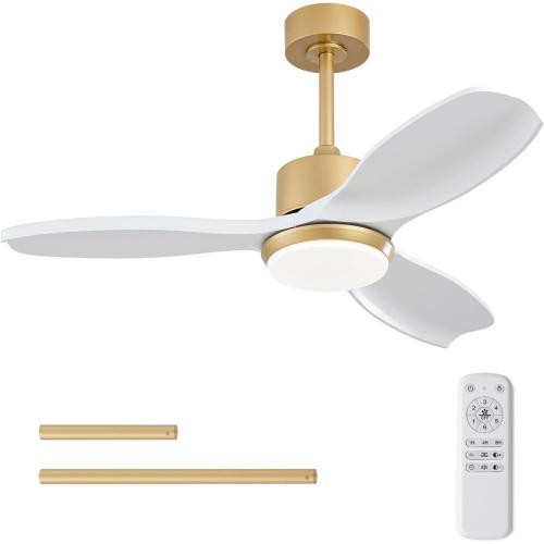 KBZZ Size 42 Inch Color White Gold Ceiling Fans with Lights and Remote, 3 Blade Wood Ceiling Fan with Light, Dimmable, Memory Function, Reversible DC Motor, Modern Indoor Outdoor Ceiling Fans for Patios Bedroom